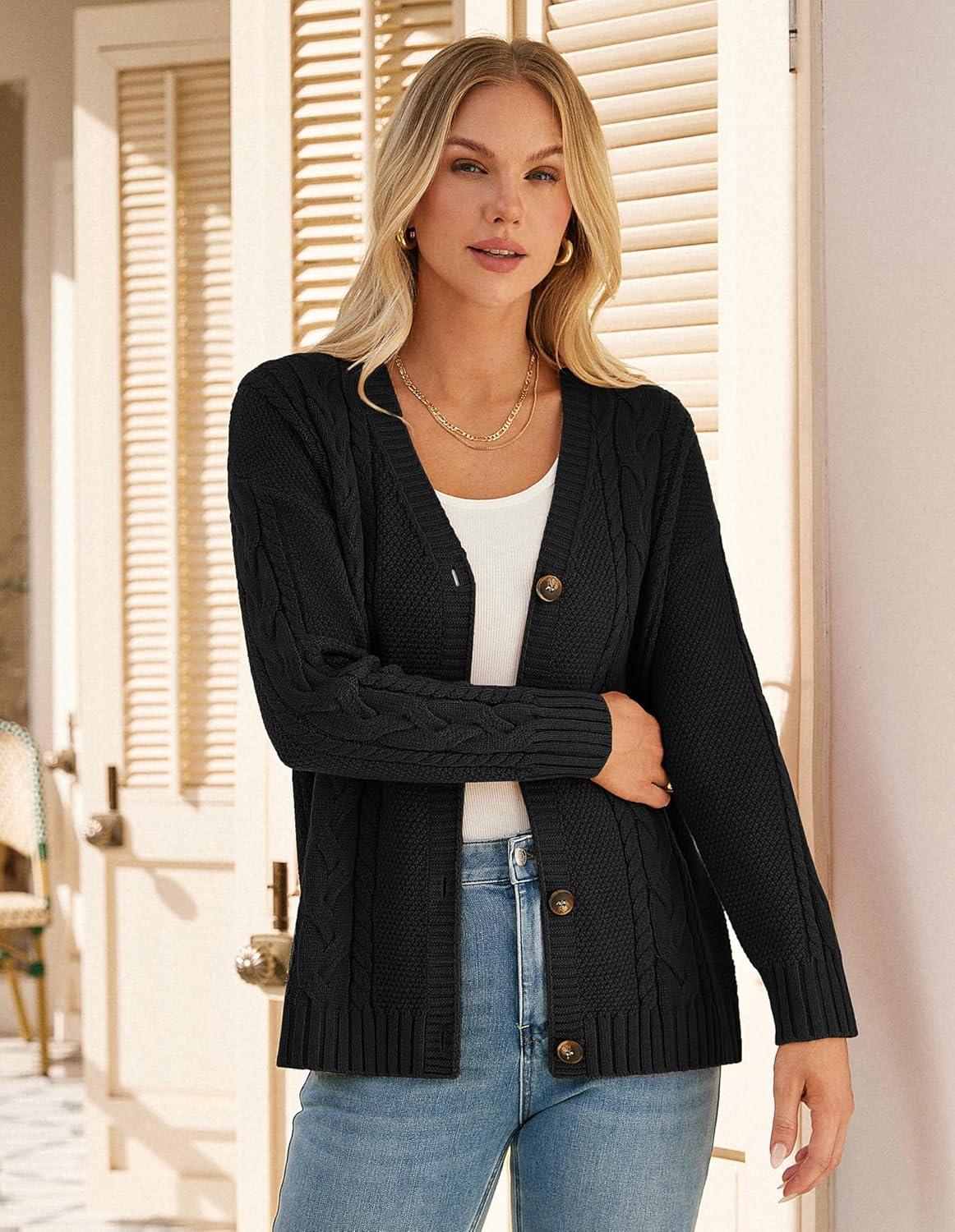 imageGRACE KARIN Women Cable Knit Cardigan Sweater Chunky Button Up Sweaters Long Sleeve Open Front CardiganBlack