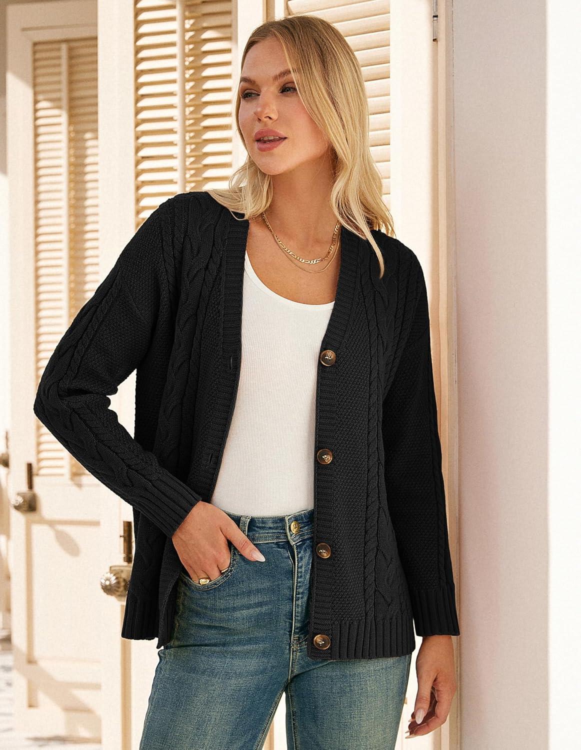 imageGRACE KARIN Women Cable Knit Cardigan Sweater Chunky Button Up Sweaters Long Sleeve Open Front CardiganBlack