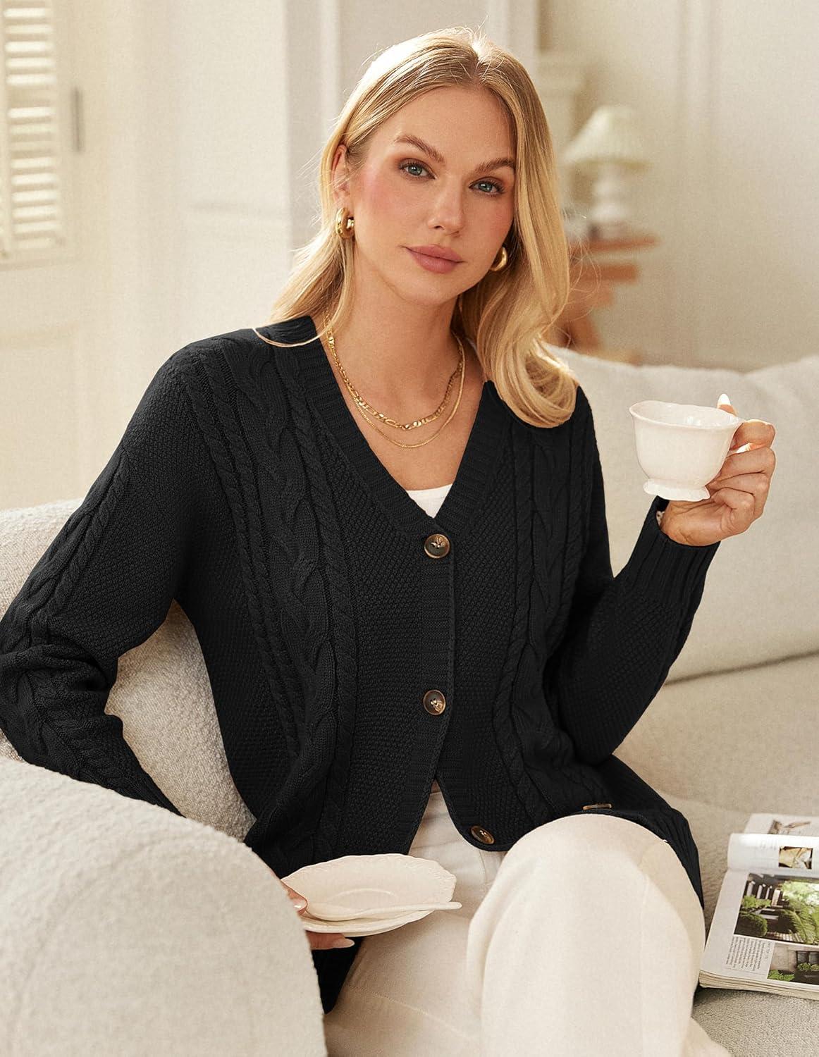 imageGRACE KARIN Women Cable Knit Cardigan Sweater Chunky Button Up Sweaters Long Sleeve Open Front CardiganBlack