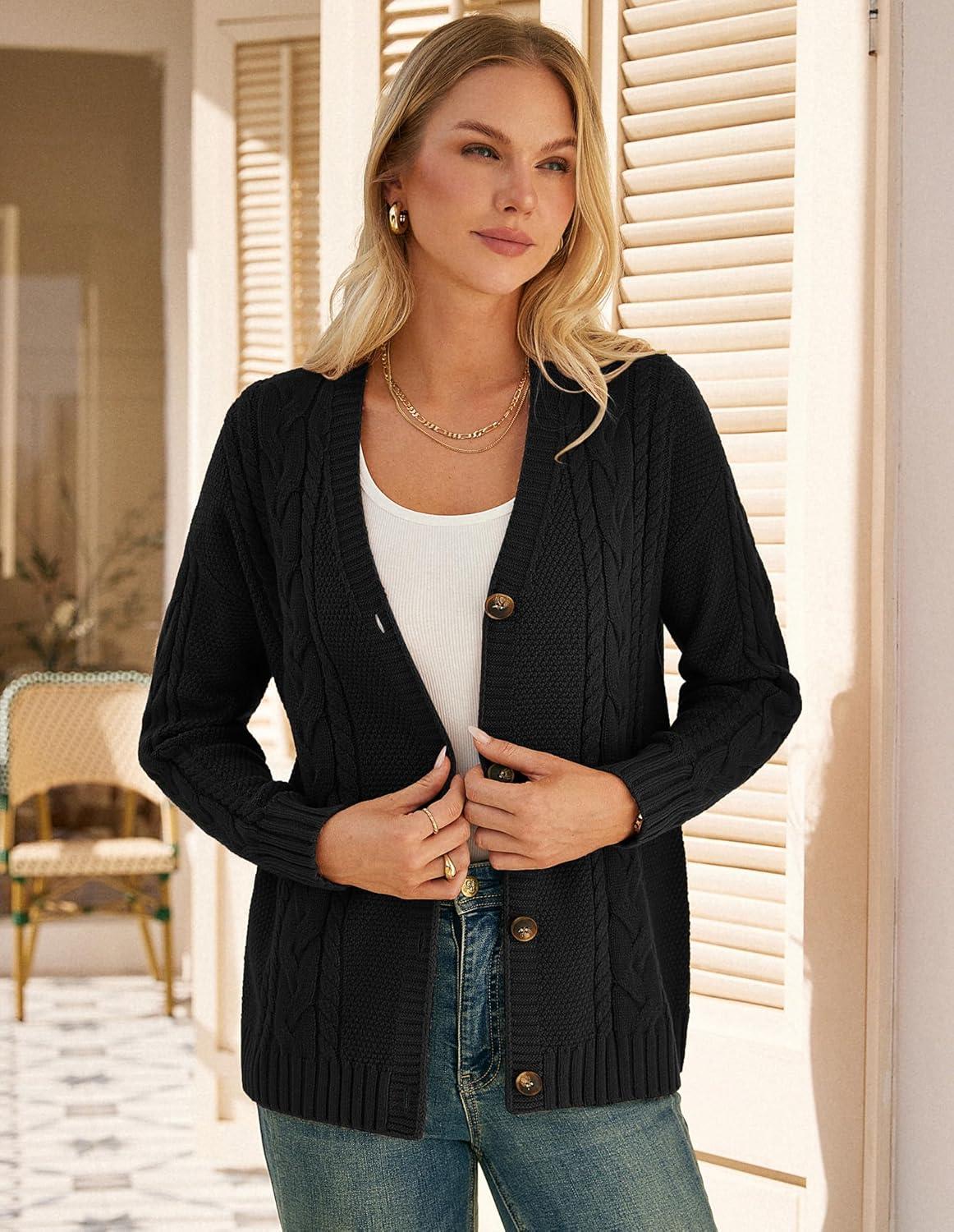 imageGRACE KARIN Women Cable Knit Cardigan Sweater Chunky Button Up Sweaters Long Sleeve Open Front CardiganBlack