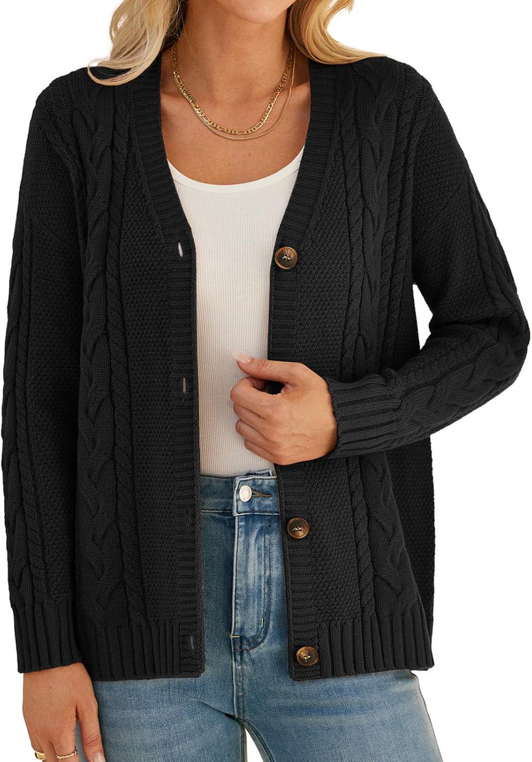 imageGRACE KARIN Women Cable Knit Cardigan Sweater Chunky Button Up Sweaters Long Sleeve Open Front CardiganBlack
