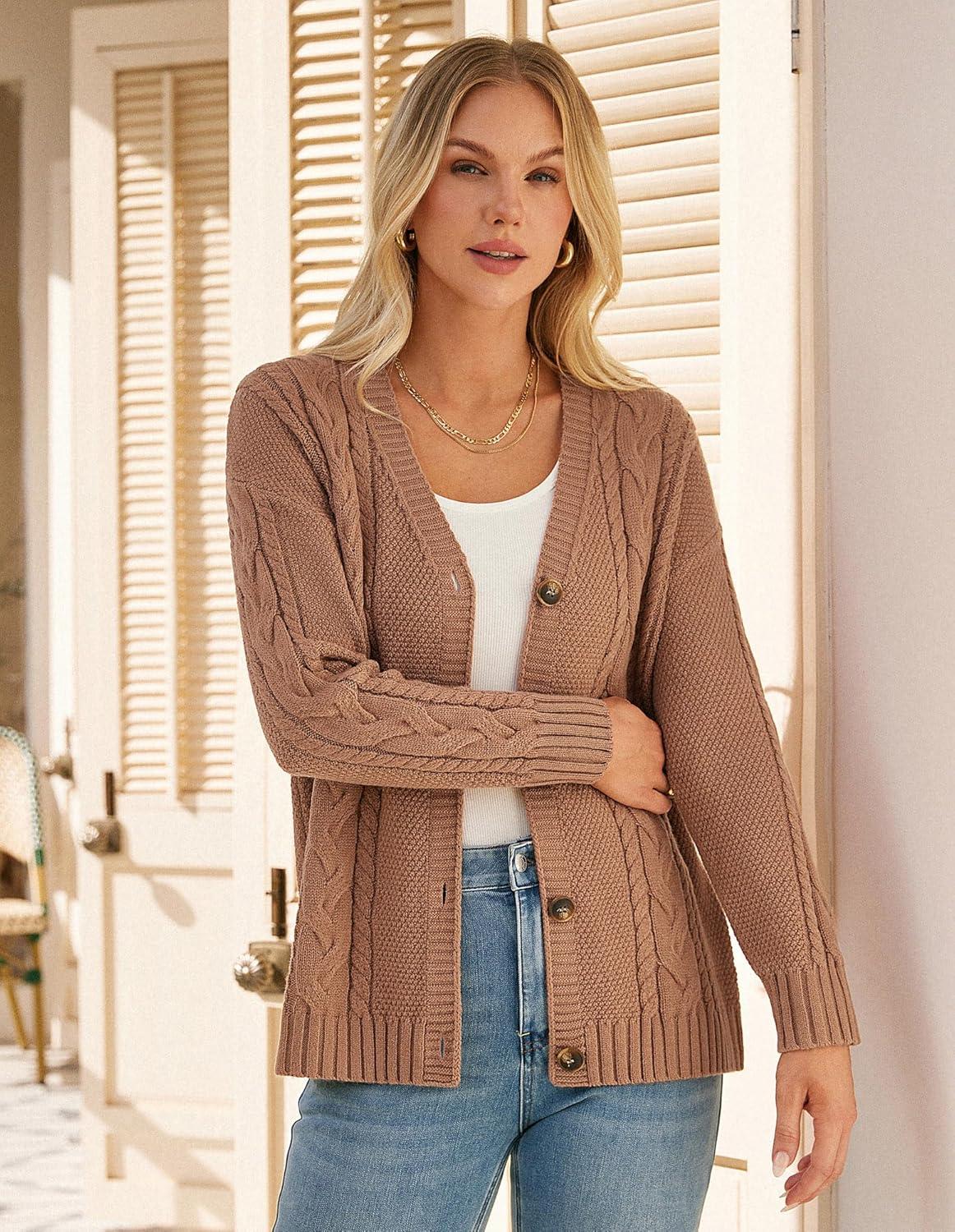 imageGRACE KARIN Women Cable Knit Cardigan Sweater Chunky Button Up Sweaters Long Sleeve Open Front CardiganBrown