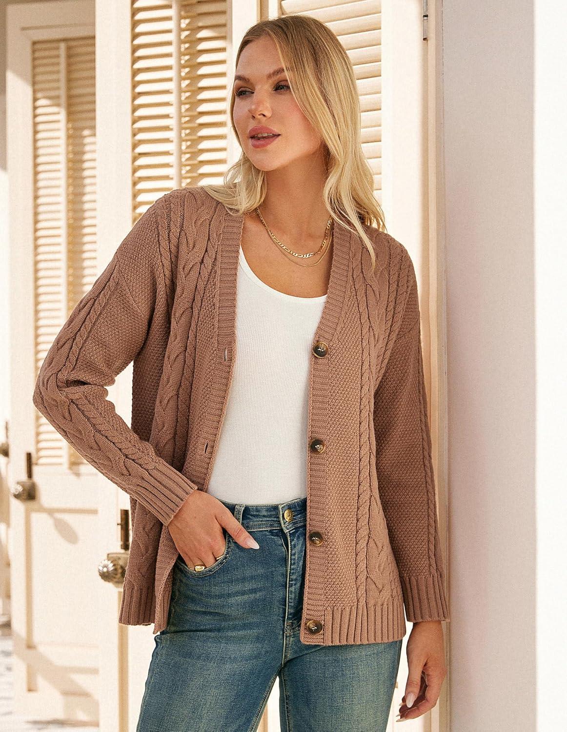 imageGRACE KARIN Women Cable Knit Cardigan Sweater Chunky Button Up Sweaters Long Sleeve Open Front CardiganBrown