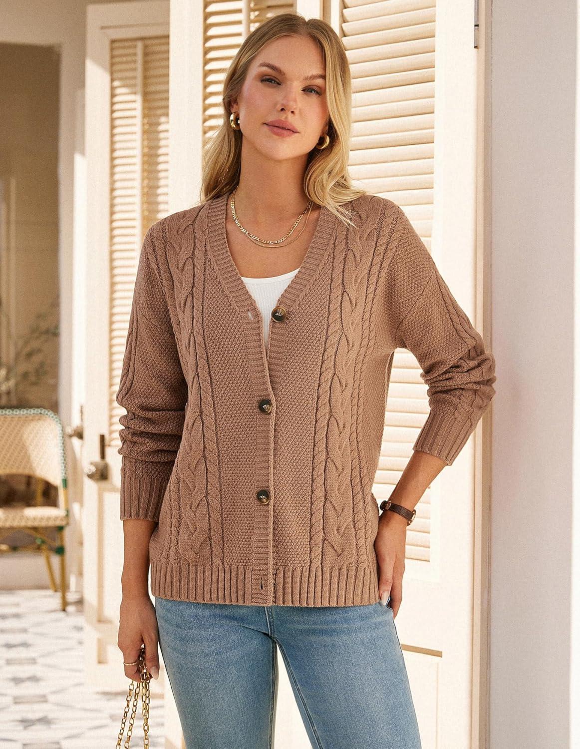 imageGRACE KARIN Women Cable Knit Cardigan Sweater Chunky Button Up Sweaters Long Sleeve Open Front CardiganBrown