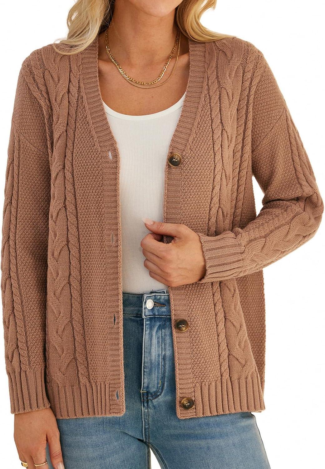 imageGRACE KARIN Women Cable Knit Cardigan Sweater Chunky Button Up Sweaters Long Sleeve Open Front CardiganBrown
