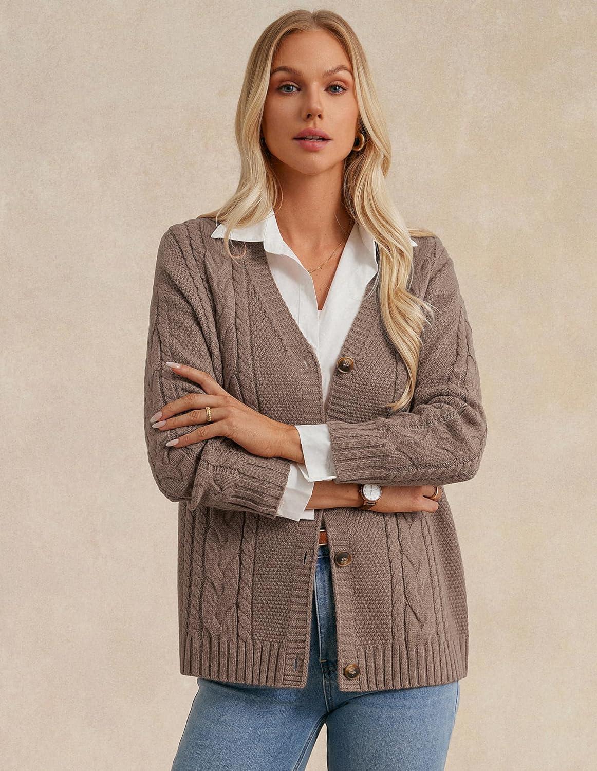 imageGRACE KARIN Women Cable Knit Cardigan Sweater Chunky Button Up Sweaters Long Sleeve Open Front CardiganCoffee