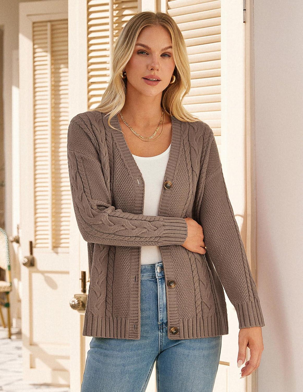 imageGRACE KARIN Women Cable Knit Cardigan Sweater Chunky Button Up Sweaters Long Sleeve Open Front CardiganCoffee