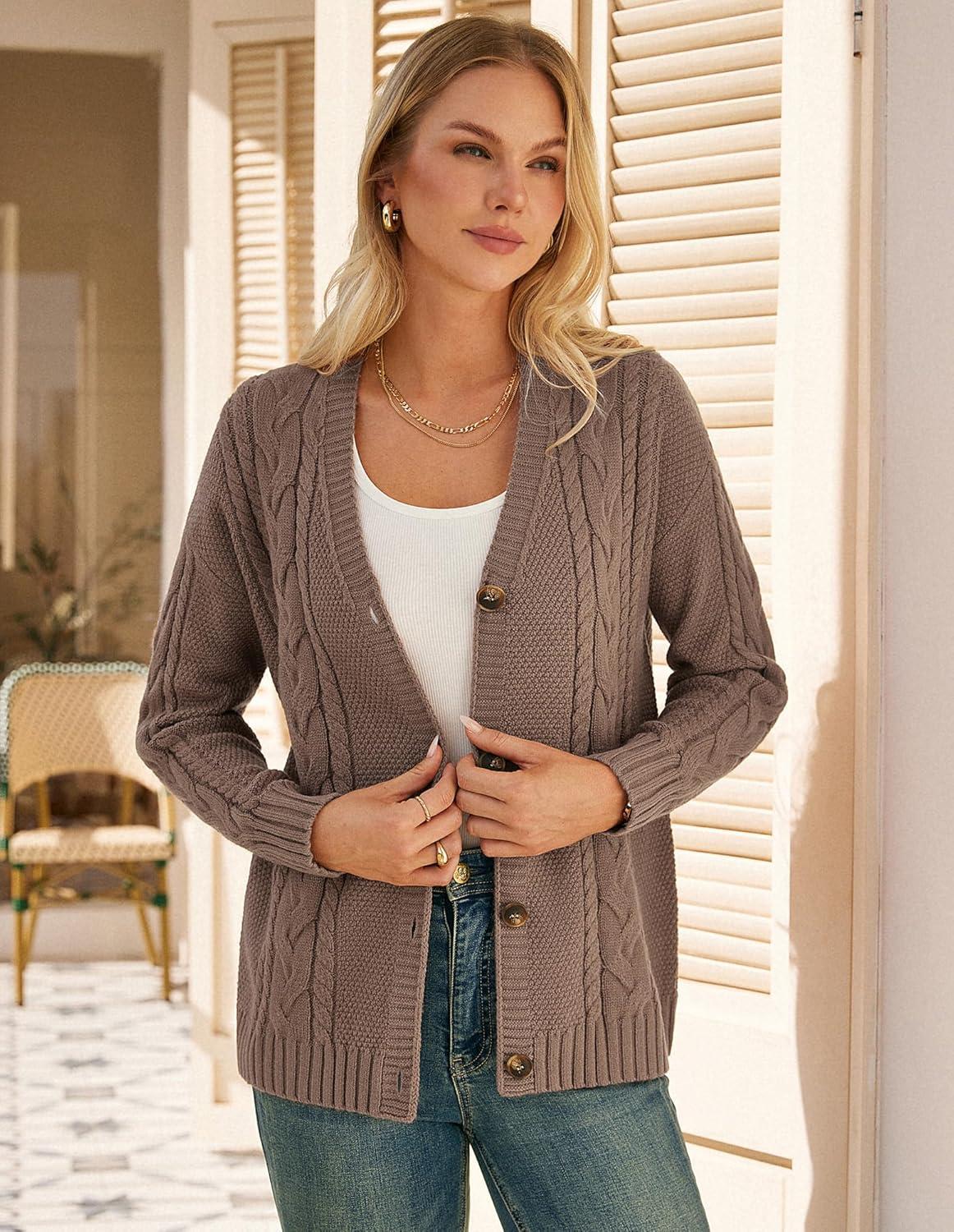 imageGRACE KARIN Women Cable Knit Cardigan Sweater Chunky Button Up Sweaters Long Sleeve Open Front CardiganCoffee