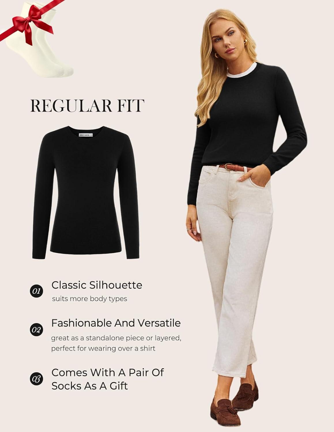imageGRACE KARIN Women Cashmere Sweater Crew Neck Merino Wool Soft Pullover Layer Dressy Casual 2026 Spring with SocksBlack