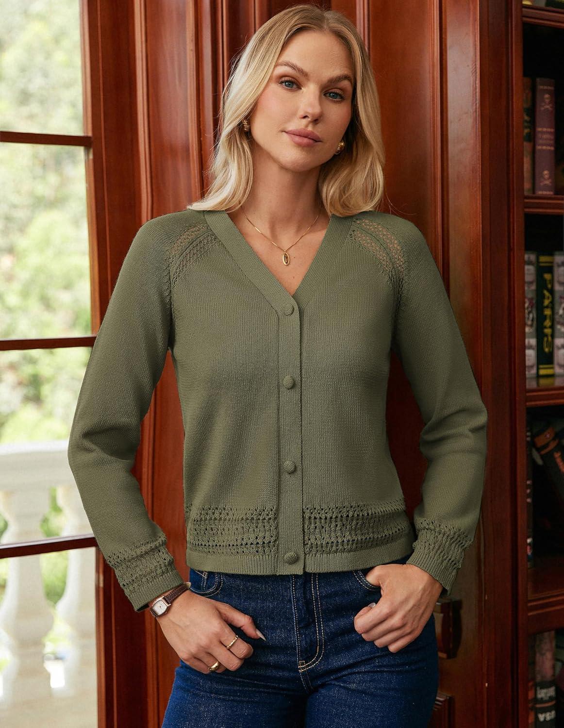 imageGRACE KARIN Women Cotton Cropped Cardigan Lightweight Long Sleeve Button Knit Sweaters Spring Summer Fashion Clothes 2026Army Green