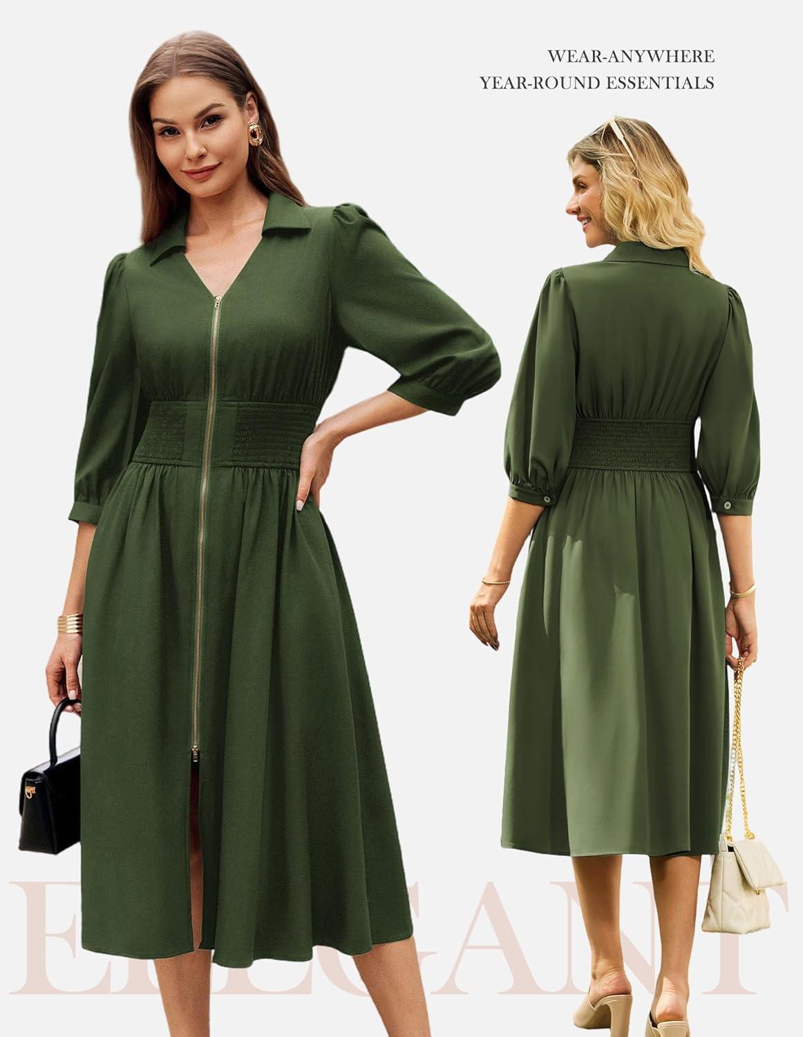 imageGRACE KARIN Women Fall Midi Dress 2025 A Line Smocked Work Dress Fit and Flare V Neck Zipper 34 Sleeve Dress Casual PocketsArmy Green