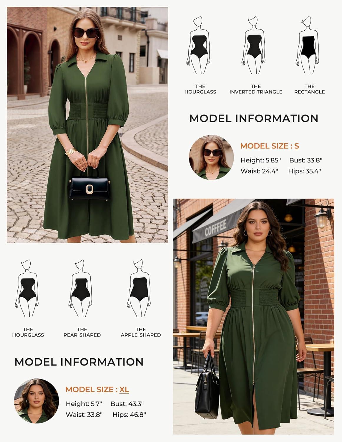 imageGRACE KARIN Women Fall Midi Dress 2025 A Line Smocked Work Dress Fit and Flare V Neck Zipper 34 Sleeve Dress Casual PocketsArmy Green