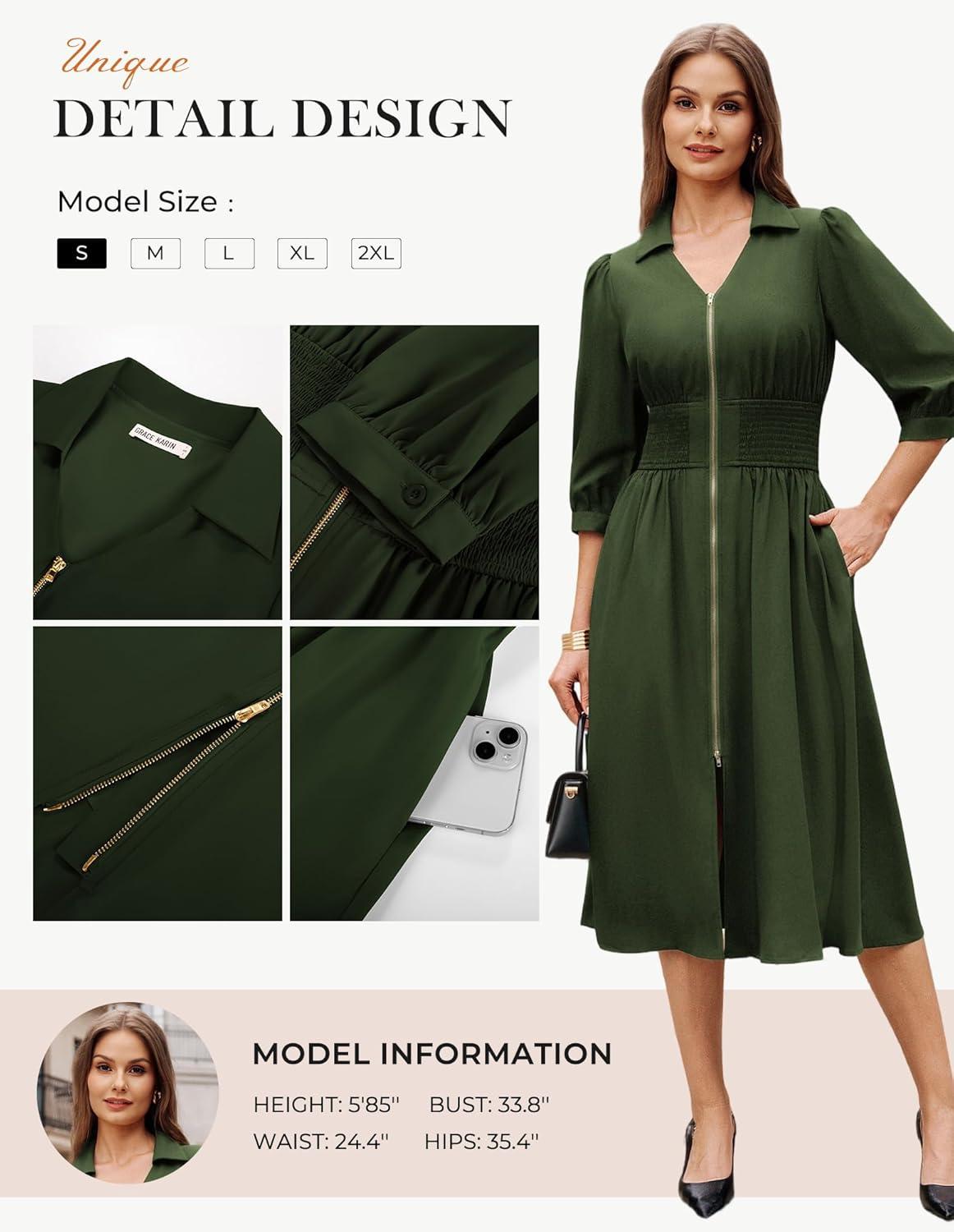 imageGRACE KARIN Women Fall Midi Dress 2025 A Line Smocked Work Dress Fit and Flare V Neck Zipper 34 Sleeve Dress Casual PocketsArmy Green
