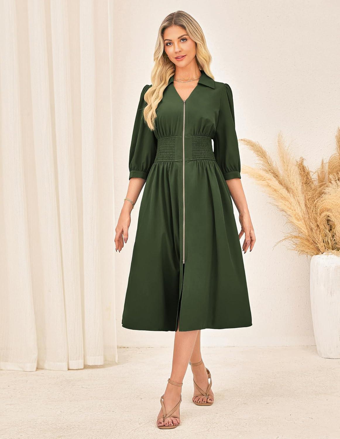 imageGRACE KARIN Women Fall Midi Dress 2025 A Line Smocked Work Dress Fit and Flare V Neck Zipper 34 Sleeve Dress Casual PocketsArmy Green