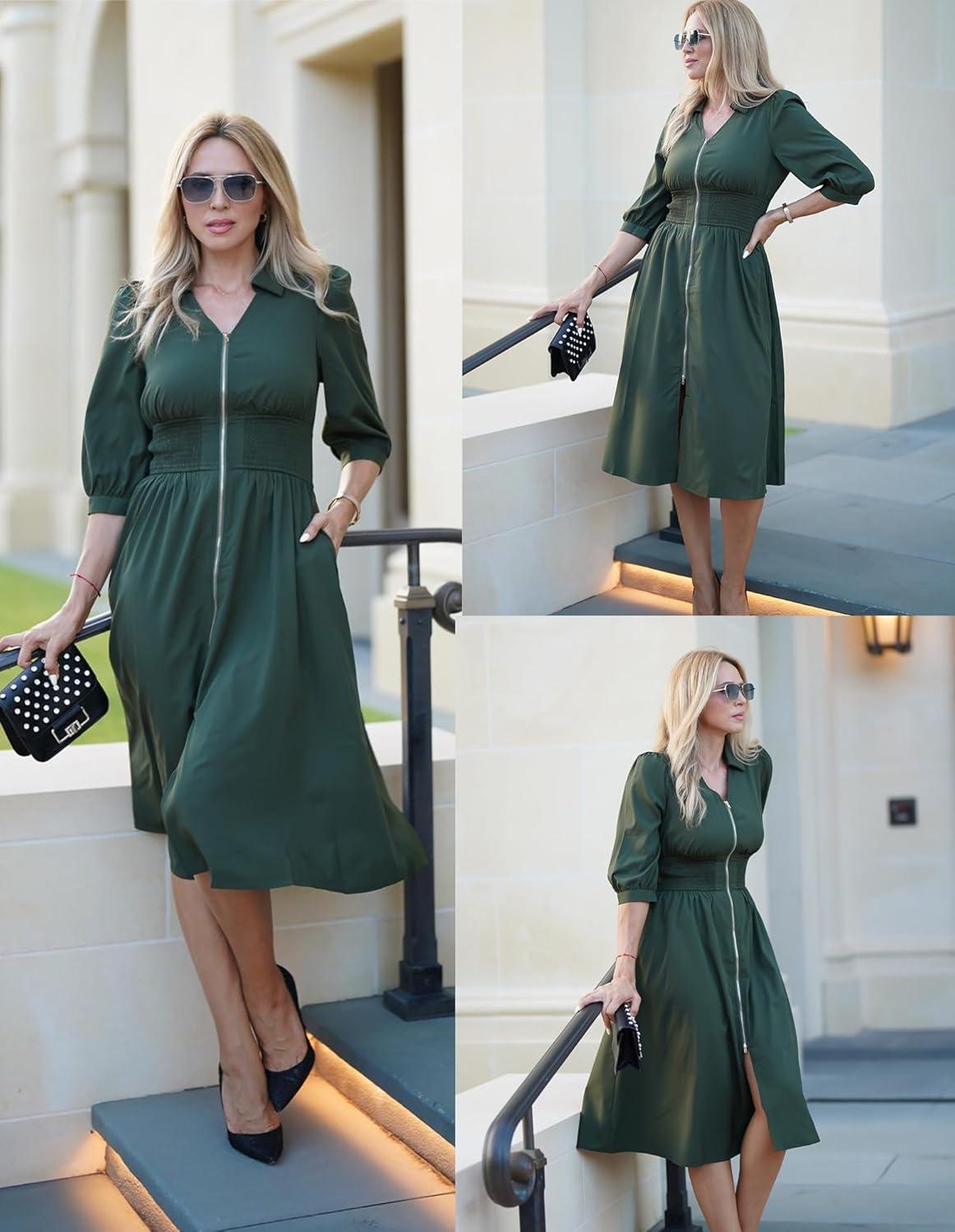 imageGRACE KARIN Women Fall Midi Dress 2025 A Line Smocked Work Dress Fit and Flare V Neck Zipper 34 Sleeve Dress Casual PocketsArmy Green