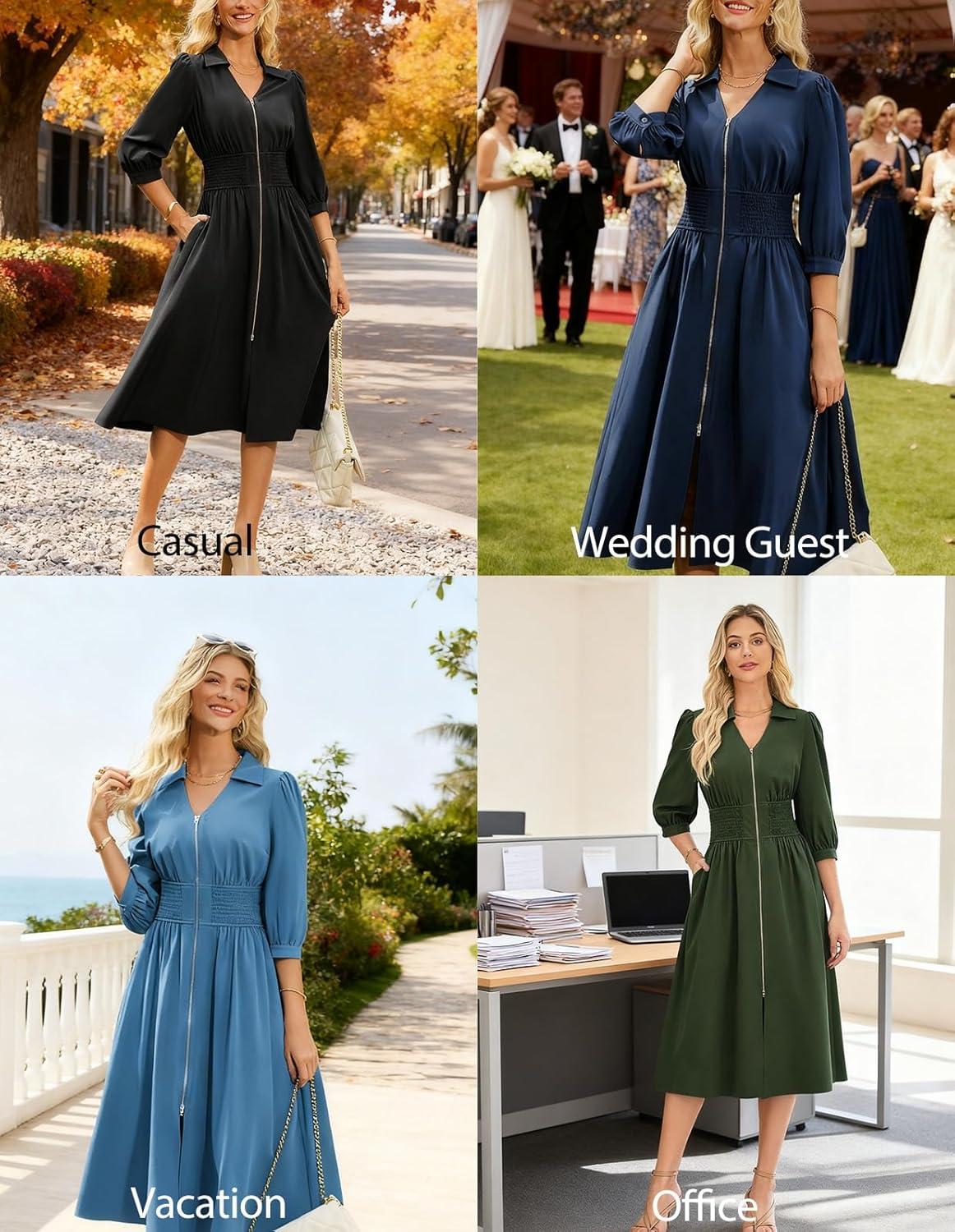 imageGRACE KARIN Women Fall Midi Dress 2025 A Line Smocked Work Dress Fit and Flare V Neck Zipper 34 Sleeve Dress Casual PocketsBlack