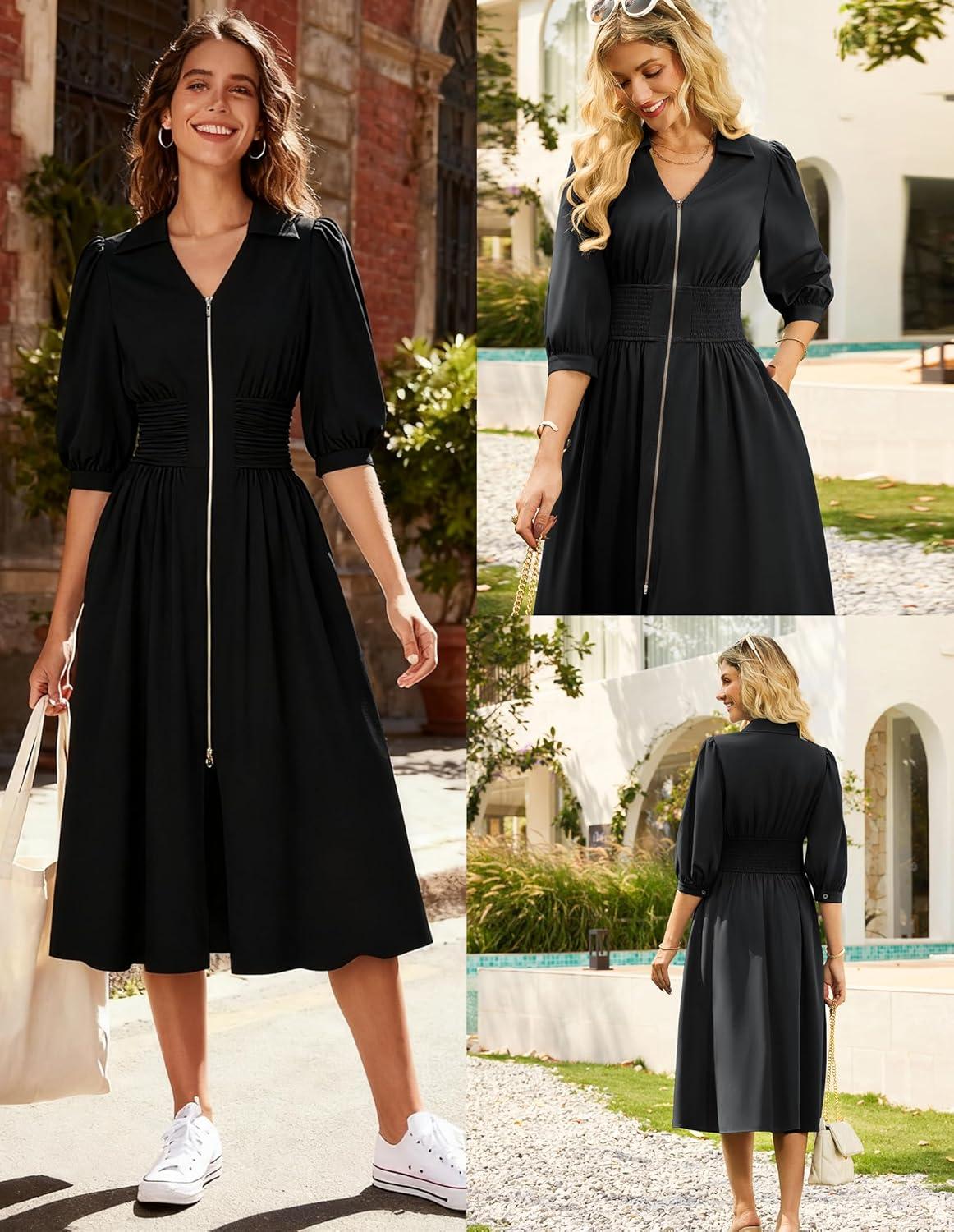 imageGRACE KARIN Women Fall Midi Dress 2025 A Line Smocked Work Dress Fit and Flare V Neck Zipper 34 Sleeve Dress Casual PocketsBlack