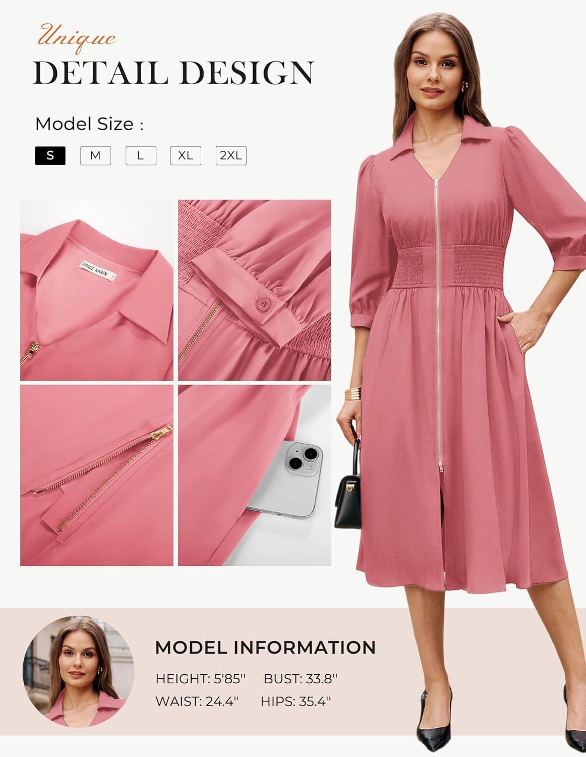 imageGRACE KARIN Women Fall Midi Dress 2025 A Line Smocked Work Dress Fit and Flare V Neck Zipper 34 Sleeve Dress Casual PocketsDark Pink