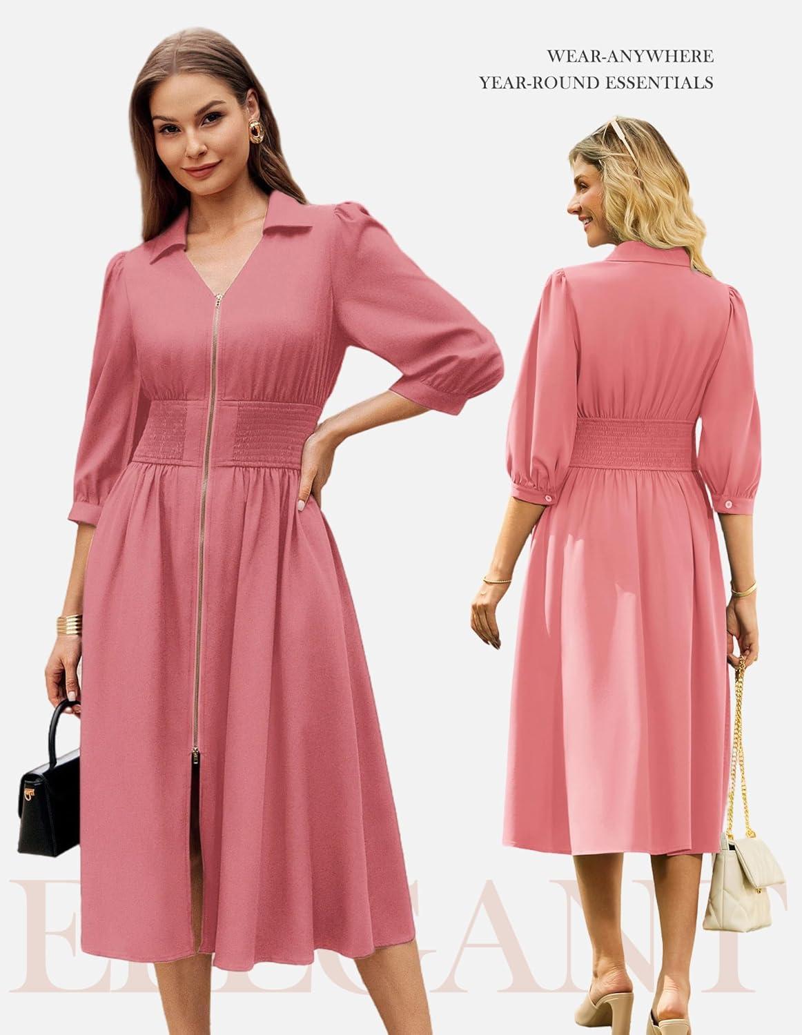imageGRACE KARIN Women Fall Midi Dress 2025 A Line Smocked Work Dress Fit and Flare V Neck Zipper 34 Sleeve Dress Casual PocketsDark Pink
