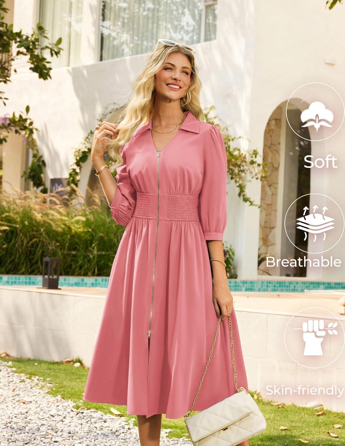 imageGRACE KARIN Women Fall Midi Dress 2025 A Line Smocked Work Dress Fit and Flare V Neck Zipper 34 Sleeve Dress Casual PocketsDark Pink