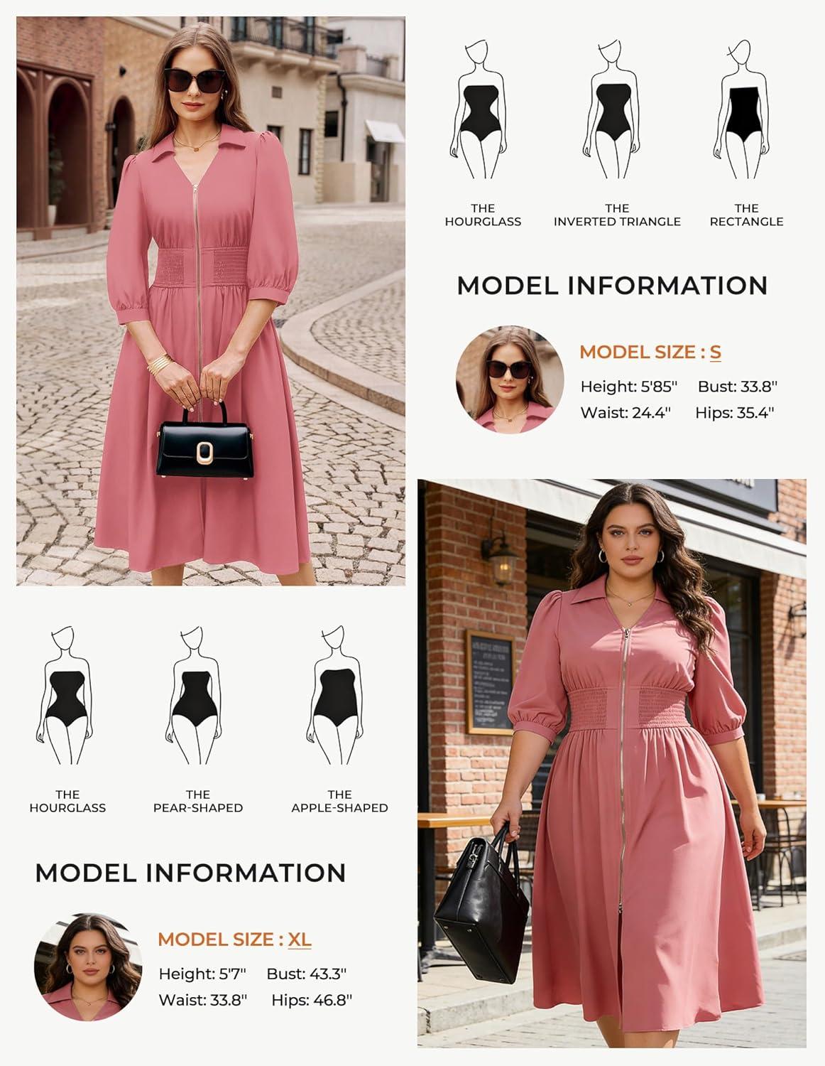 imageGRACE KARIN Women Fall Midi Dress 2025 A Line Smocked Work Dress Fit and Flare V Neck Zipper 34 Sleeve Dress Casual PocketsDark Pink