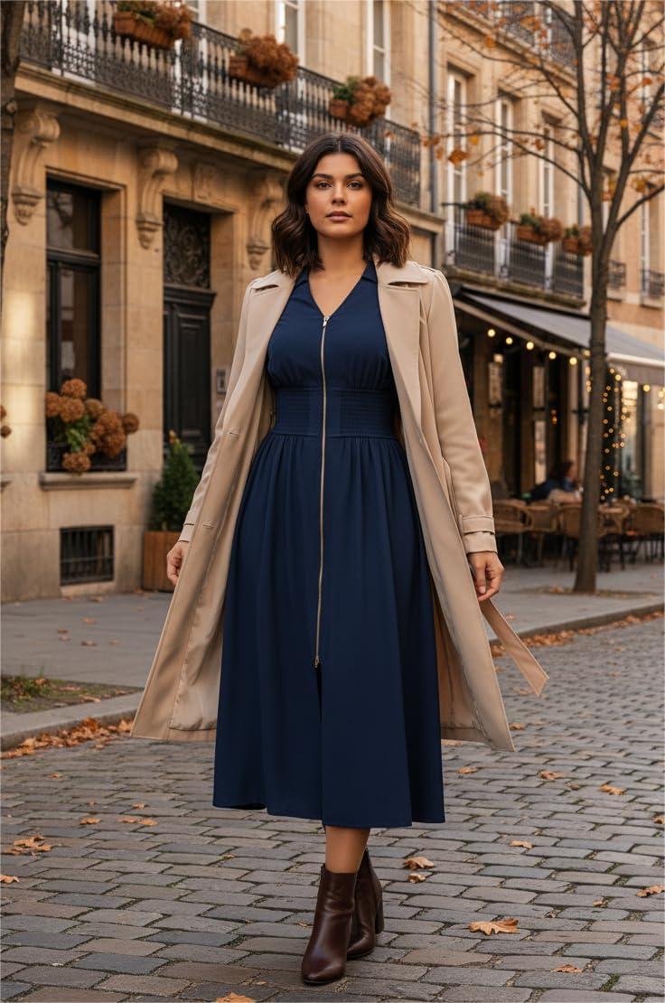 imageGRACE KARIN Women Fall Midi Dress 2025 A Line Smocked Work Dress Fit and Flare V Neck Zipper 34 Sleeve Dress Casual PocketsNavy Blue