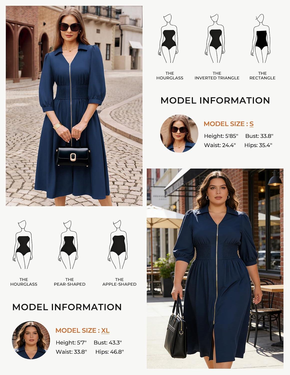 imageGRACE KARIN Women Fall Midi Dress 2025 A Line Smocked Work Dress Fit and Flare V Neck Zipper 34 Sleeve Dress Casual PocketsNavy Blue