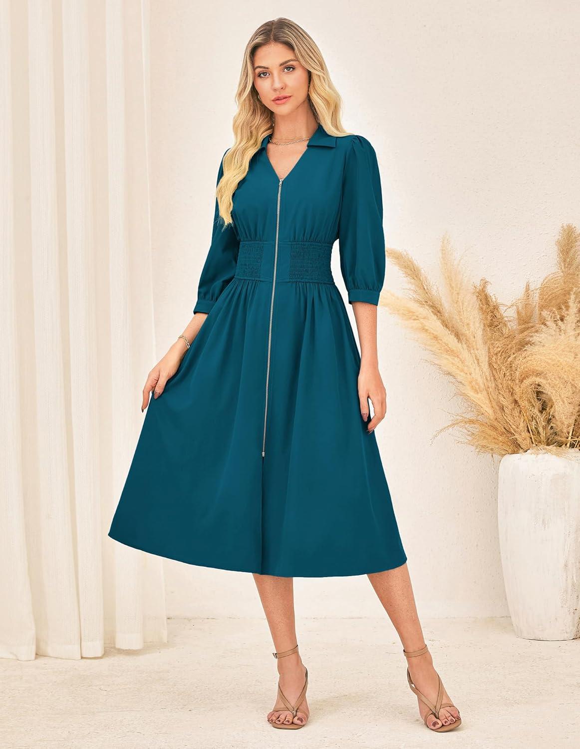 imageGRACE KARIN Women Fall Midi Dress 2025 A Line Smocked Work Dress Fit and Flare V Neck Zipper 34 Sleeve Dress Casual PocketsPeacock Blue