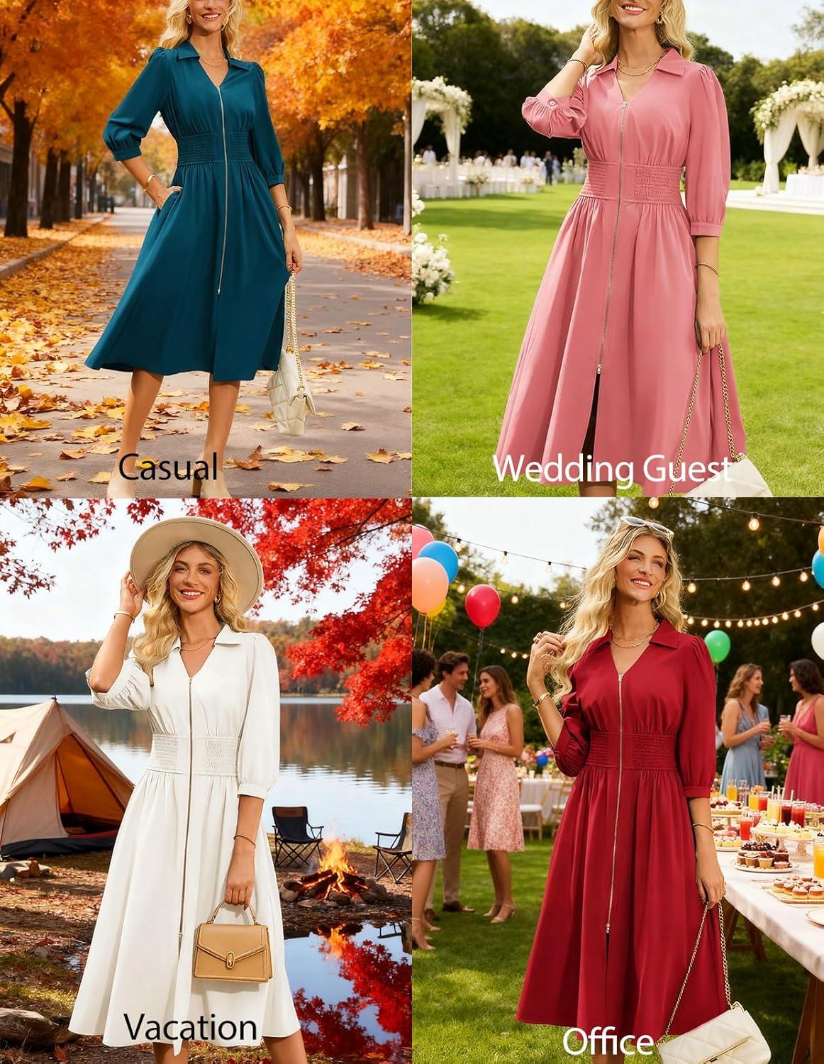 imageGRACE KARIN Women Fall Midi Dress 2025 A Line Smocked Work Dress Fit and Flare V Neck Zipper 34 Sleeve Dress Casual PocketsPeacock Blue