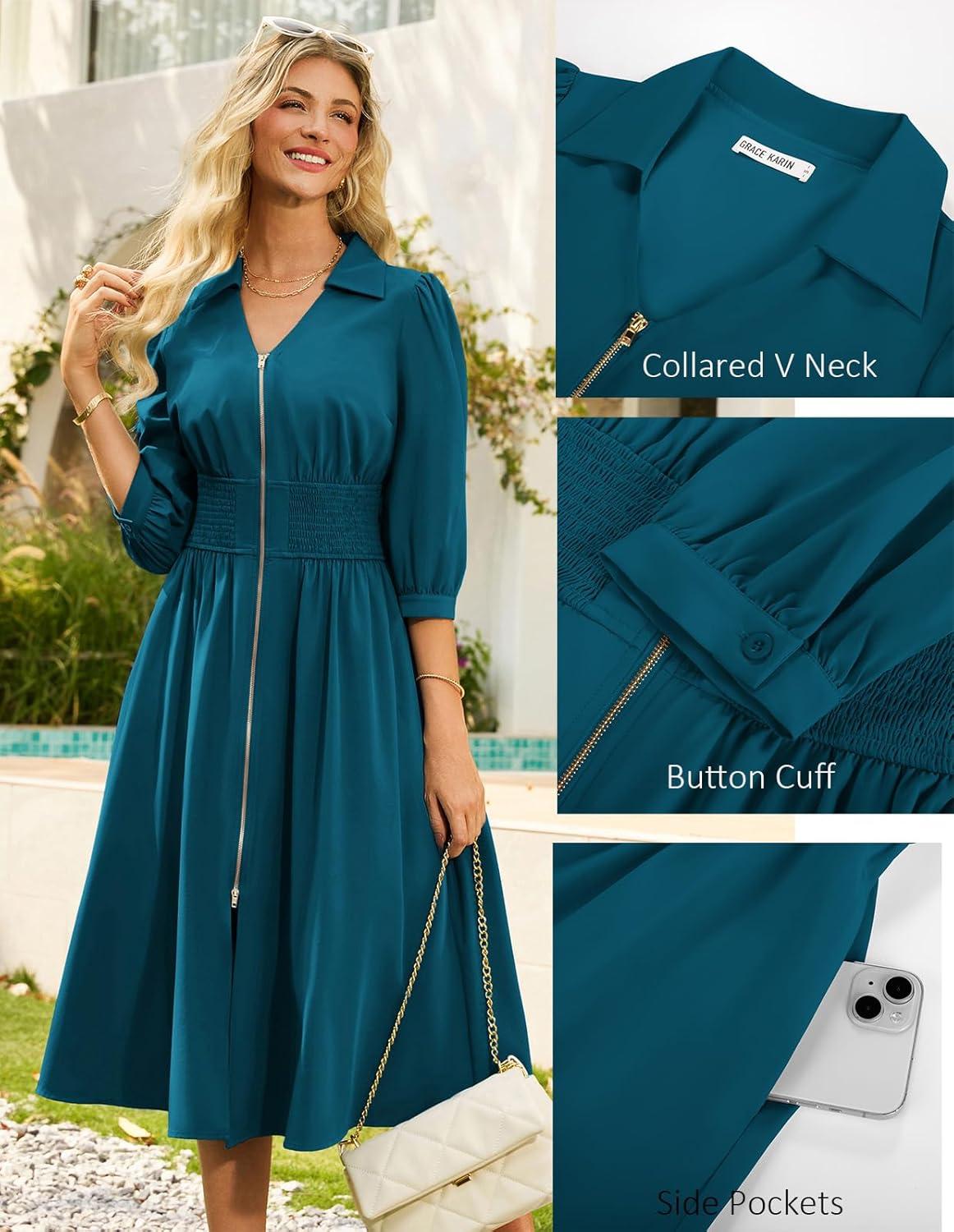 imageGRACE KARIN Women Fall Midi Dress 2025 A Line Smocked Work Dress Fit and Flare V Neck Zipper 34 Sleeve Dress Casual PocketsPeacock Blue