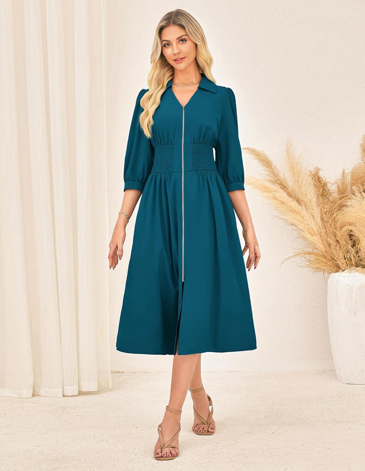 imageGRACE KARIN Women Fall Midi Dress 2025 A Line Smocked Work Dress Fit and Flare V Neck Zipper 34 Sleeve Dress Casual PocketsPeacock Blue