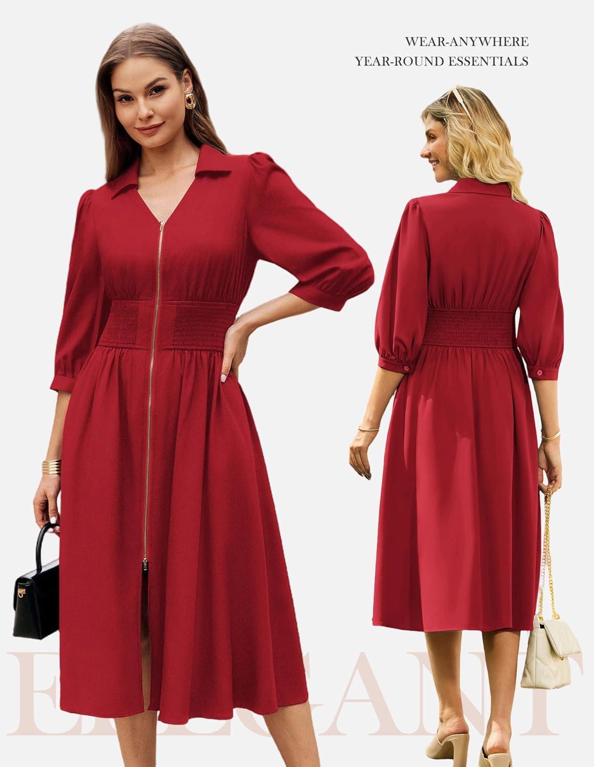 imageGRACE KARIN Women Fall Midi Dress 2025 A Line Smocked Work Dress Fit and Flare V Neck Zipper 34 Sleeve Dress Casual PocketsRed