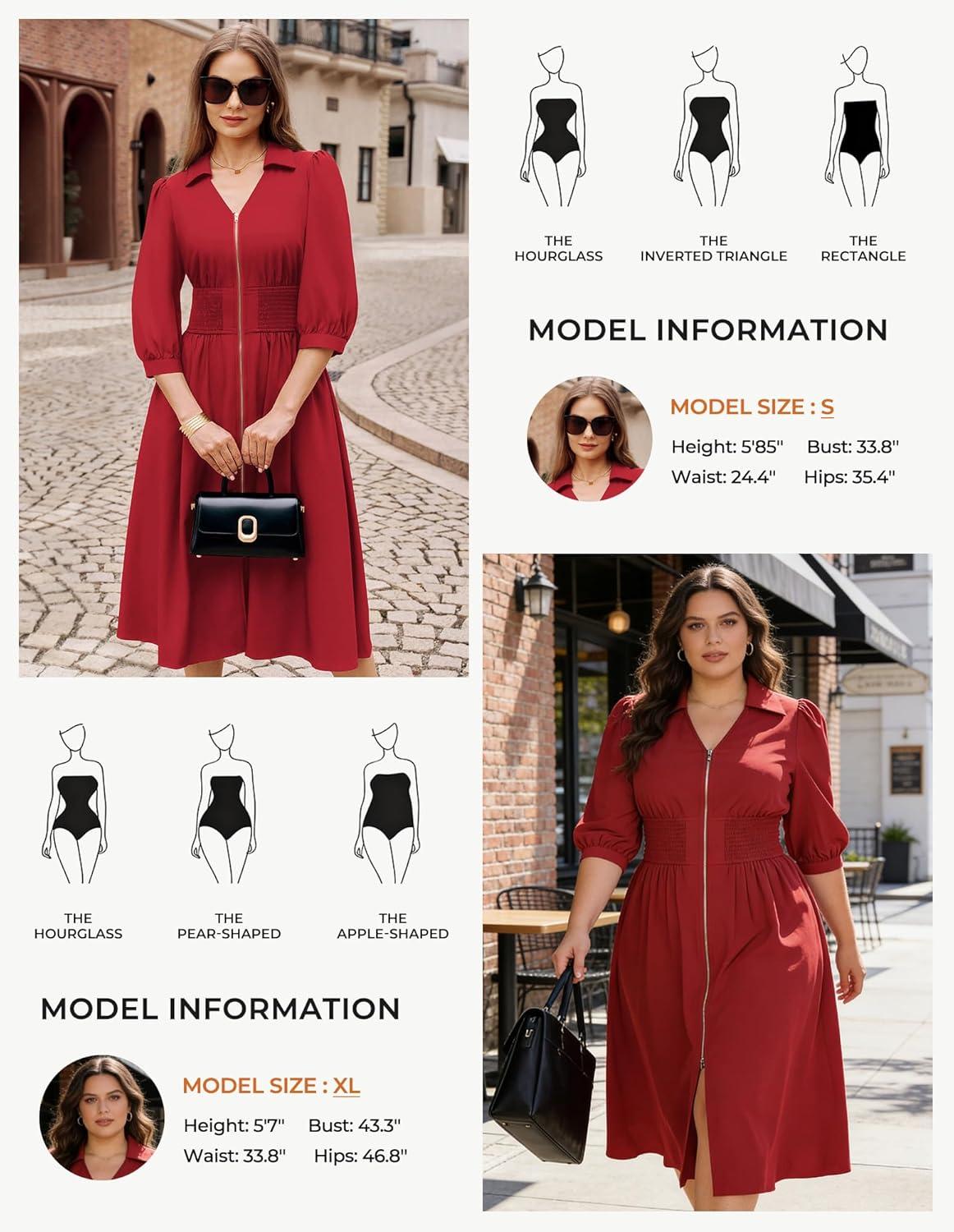 imageGRACE KARIN Women Fall Midi Dress 2025 A Line Smocked Work Dress Fit and Flare V Neck Zipper 34 Sleeve Dress Casual PocketsRed