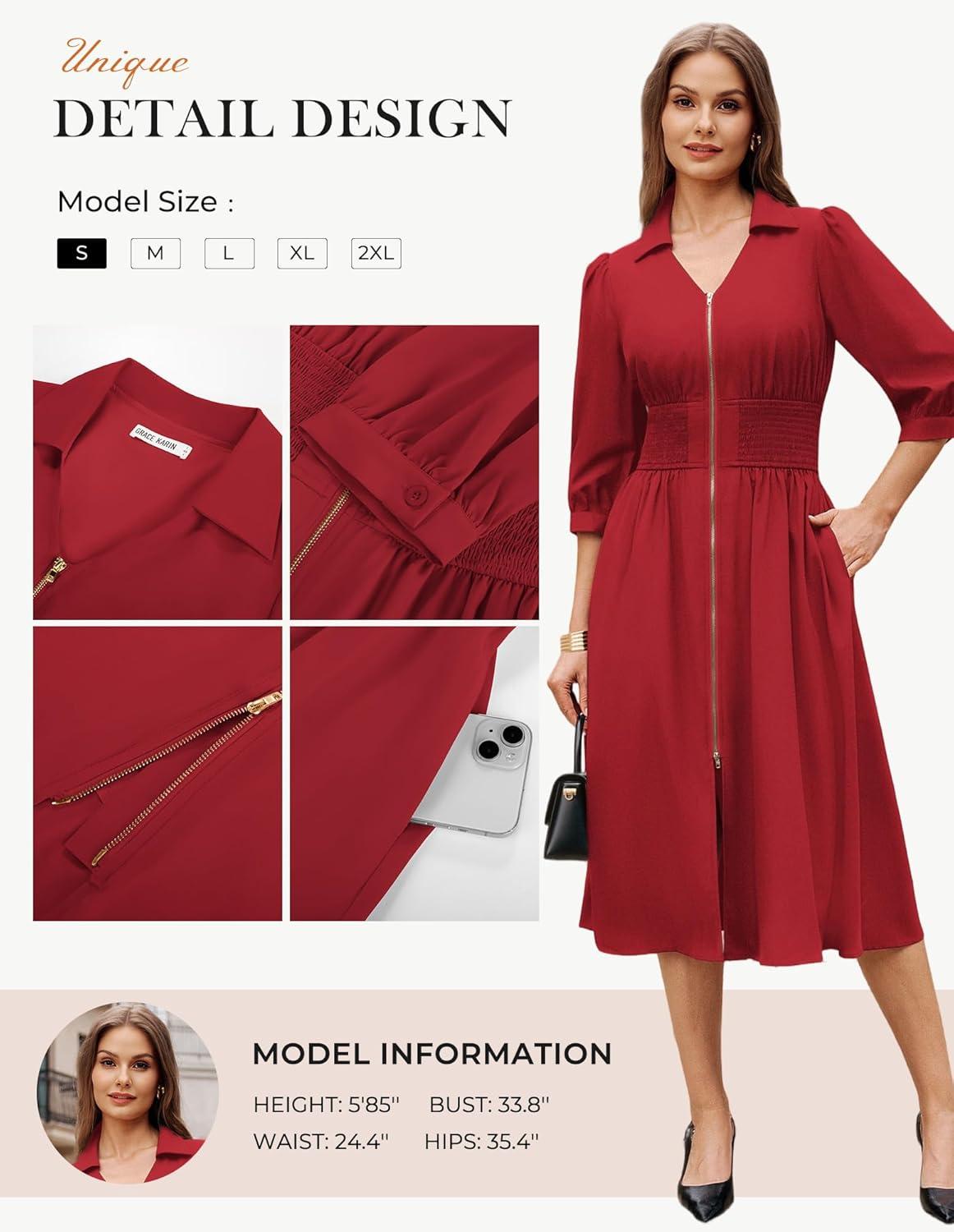 imageGRACE KARIN Women Fall Midi Dress 2025 A Line Smocked Work Dress Fit and Flare V Neck Zipper 34 Sleeve Dress Casual PocketsRed