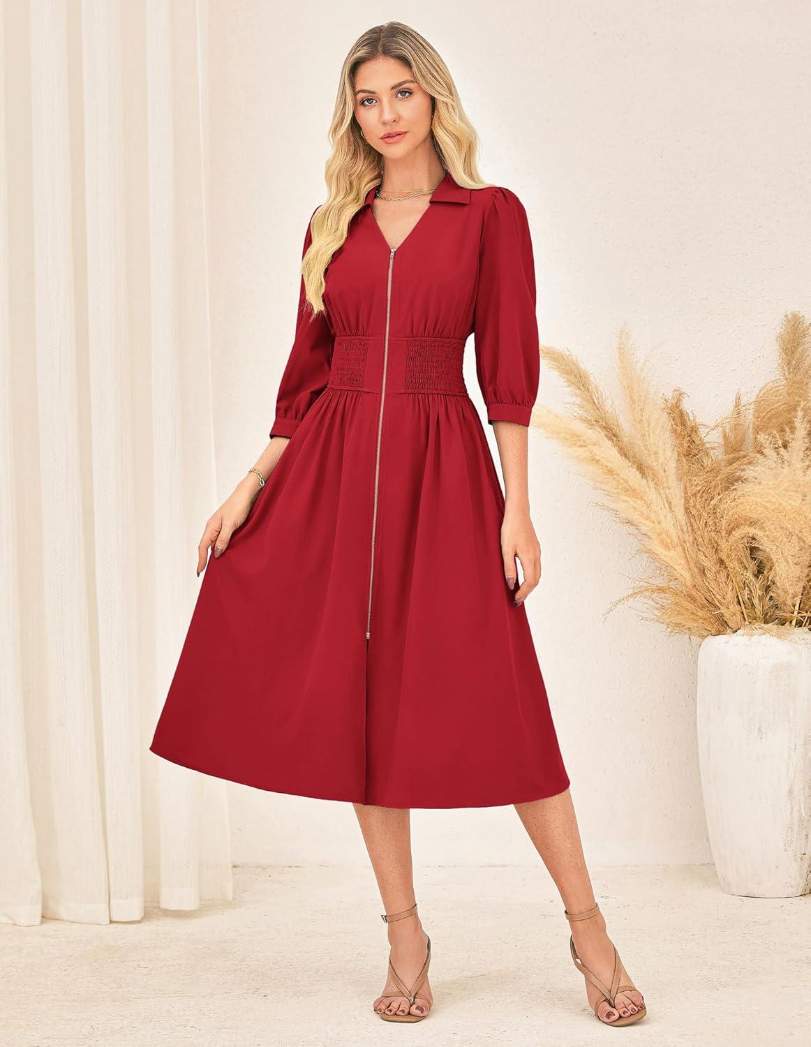 imageGRACE KARIN Women Fall Midi Dress 2025 A Line Smocked Work Dress Fit and Flare V Neck Zipper 34 Sleeve Dress Casual PocketsRed