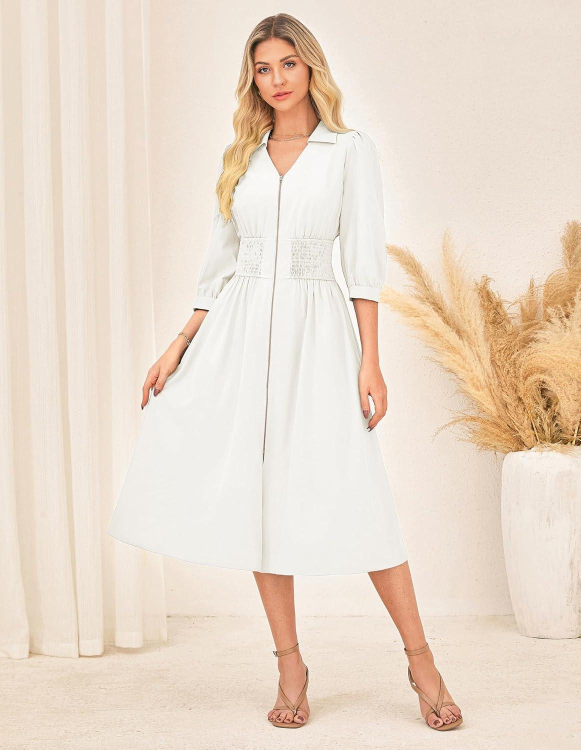 imageGRACE KARIN Women Fall Midi Dress 2025 A Line Smocked Work Dress Fit and Flare V Neck Zipper 34 Sleeve Dress Casual PocketsWhite