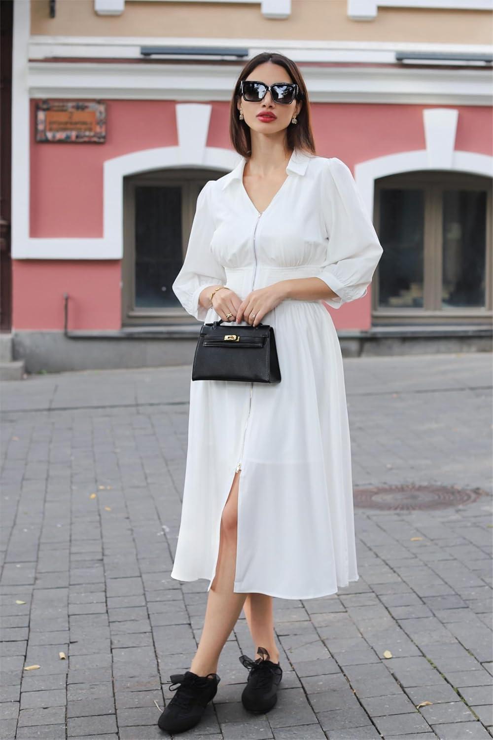 imageGRACE KARIN Women Fall Midi Dress 2025 A Line Smocked Work Dress Fit and Flare V Neck Zipper 34 Sleeve Dress Casual PocketsWhite