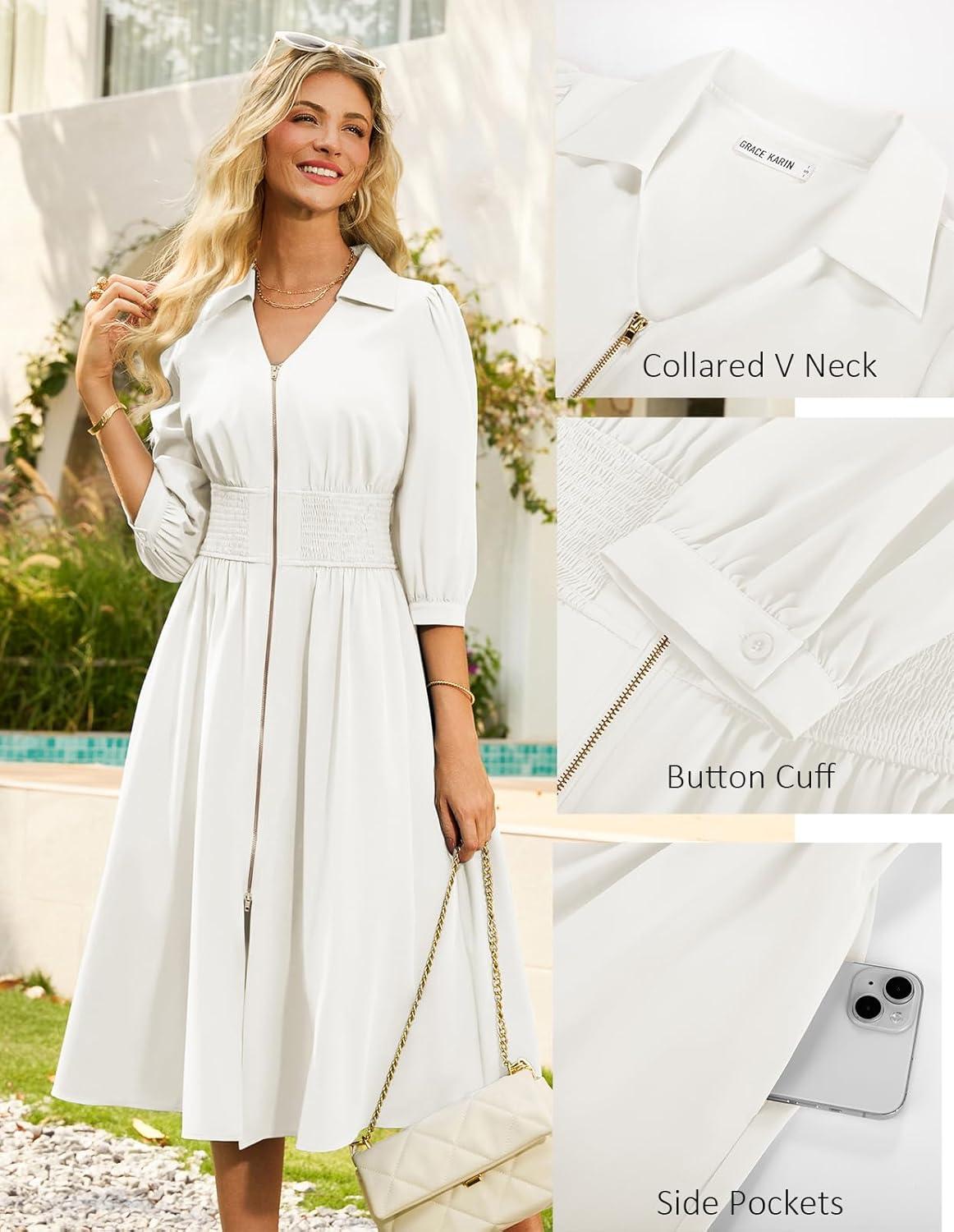 imageGRACE KARIN Women Fall Midi Dress 2025 A Line Smocked Work Dress Fit and Flare V Neck Zipper 34 Sleeve Dress Casual PocketsWhite