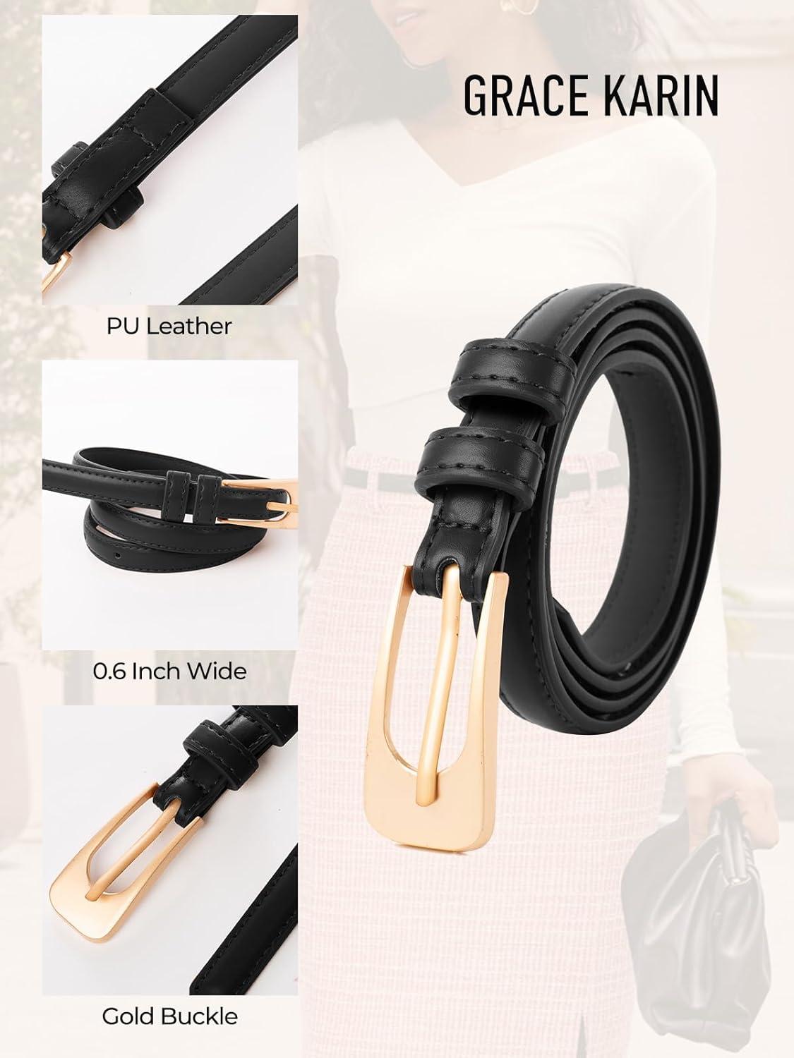 imageGRACE KARIN Women Leather Belt Thin Belts for Jeans Dress Fashion Skinny Belt With Gold BuckleBlack