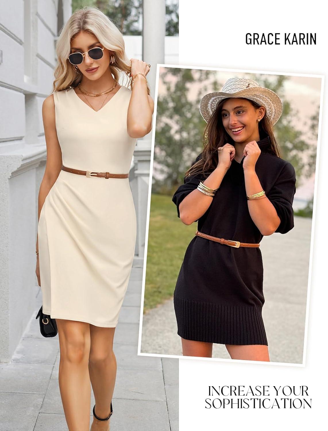 imageGRACE KARIN Women Leather Belt Thin Belts for Jeans Dress Fashion Skinny Belt With Gold BuckleBrown