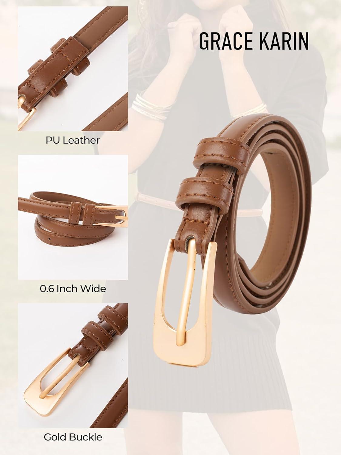 imageGRACE KARIN Women Leather Belt Thin Belts for Jeans Dress Fashion Skinny Belt With Gold BuckleBrown