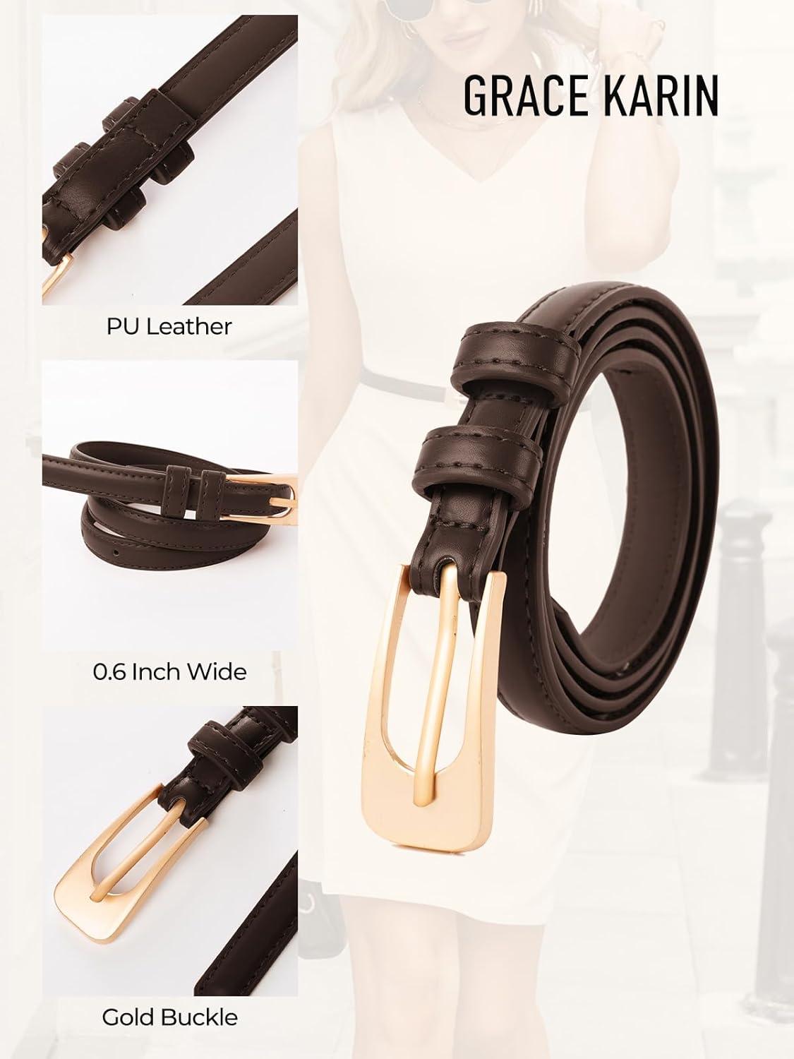 imageGRACE KARIN Women Leather Belt Thin Belts for Jeans Dress Fashion Skinny Belt With Gold BuckleCoffee