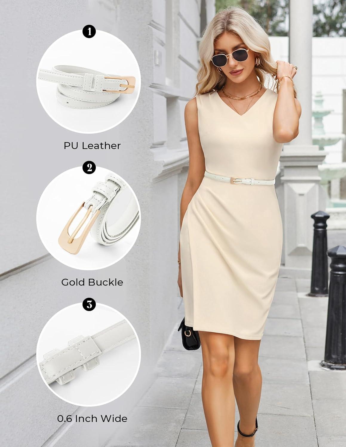 imageGRACE KARIN Women Leather Belt Thin Belts for Jeans Dress Fashion Skinny Belt With Gold BucklePure White