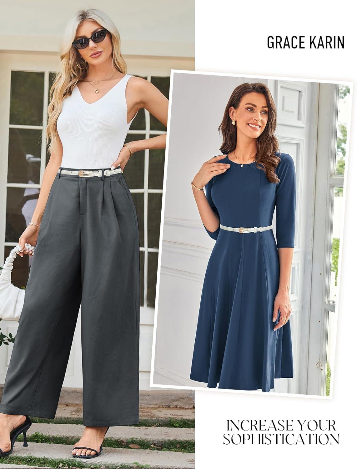 imageGRACE KARIN Women Leather Belt Thin Belts for Jeans Dress Fashion Skinny Belt With Gold BucklePure White
