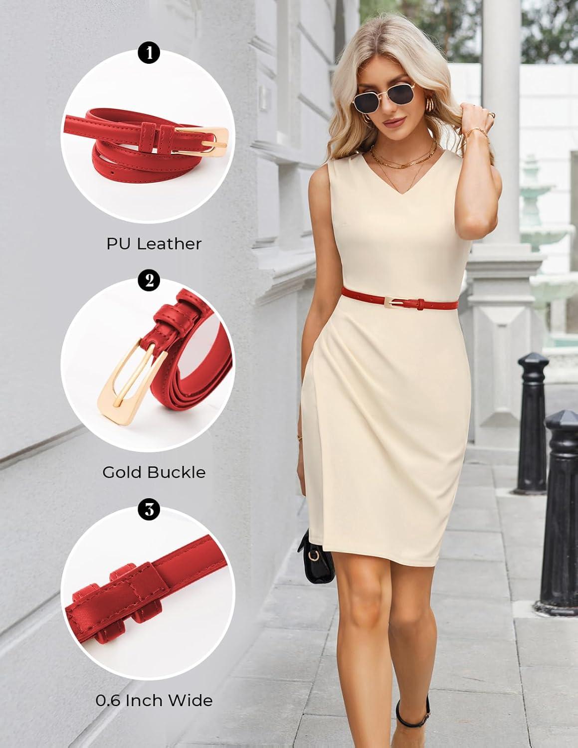 imageGRACE KARIN Women Leather Belt Thin Belts for Jeans Dress Fashion Skinny Belt With Gold BuckleRed