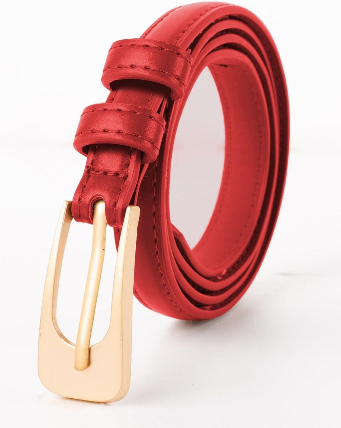 imageGRACE KARIN Women Leather Belt Thin Belts for Jeans Dress Fashion Skinny Belt With Gold BuckleRed