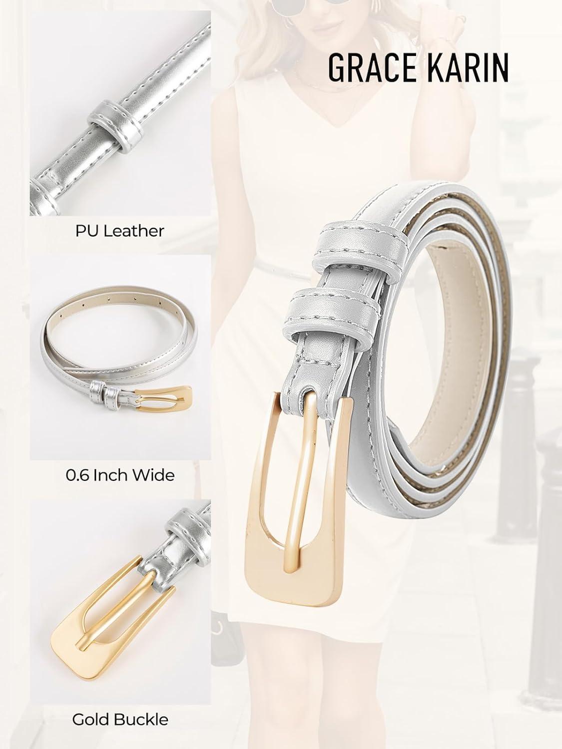 imageGRACE KARIN Women Leather Belt Thin Belts for Jeans Dress Fashion Skinny Belt With Gold BuckleSilver