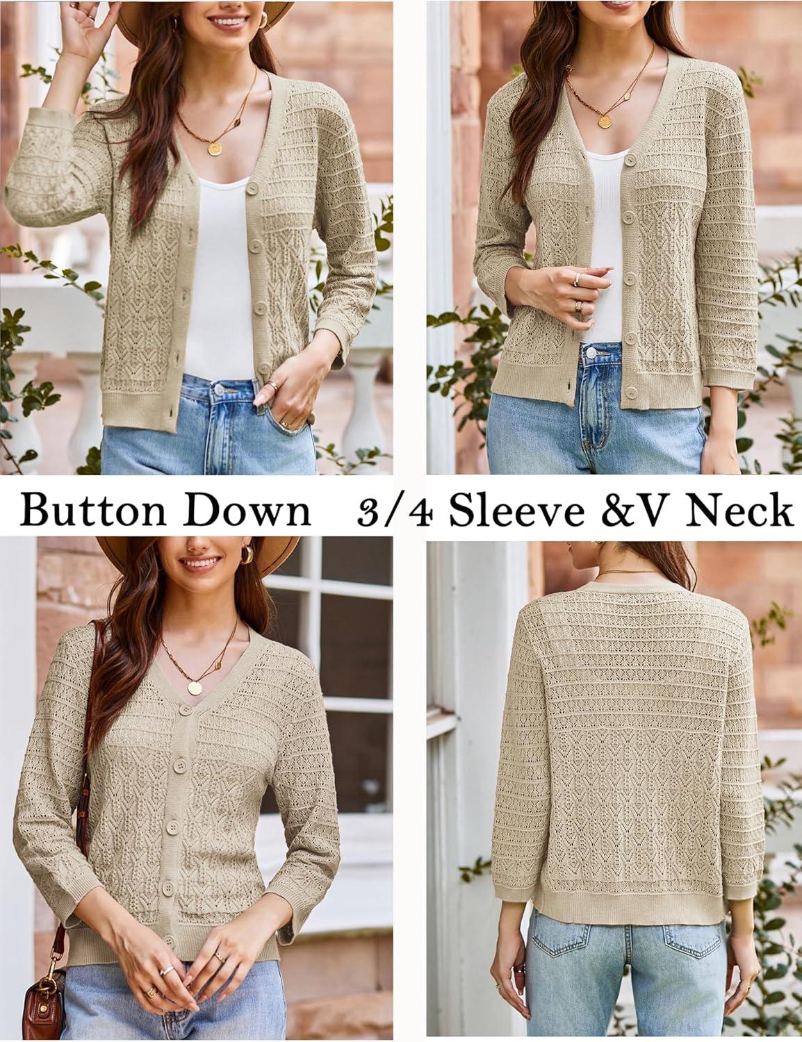 imageGRACE KARIN Women Lightweigt Crochet Knit Cardigan 34 Sleeve Cropped Shrugs Spring Button Down Sweaters TopsApricot