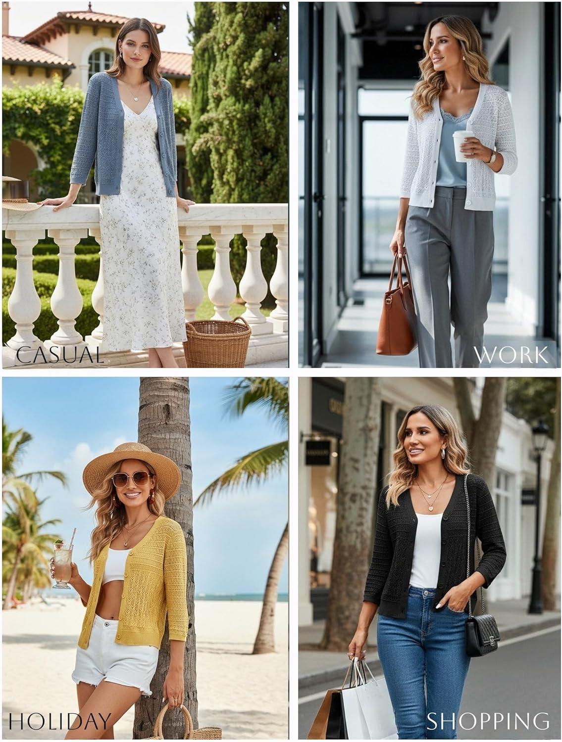 imageGRACE KARIN Women Lightweigt Crochet Knit Cardigan 34 Sleeve Cropped Shrugs Spring Button Down Sweaters TopsApricot