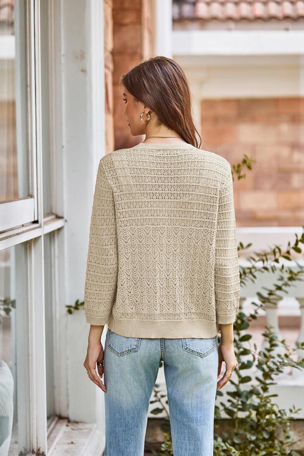 imageGRACE KARIN Women Lightweigt Crochet Knit Cardigan 34 Sleeve Cropped Shrugs Spring Button Down Sweaters TopsApricot